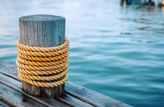 Close-up of a weathered wooden post on a dock wrapped with thick yellow rope with calm blue water in the background