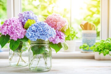 Beautiful arrangement of hydrangeas in mason jars on a sunny kitchen windowsill