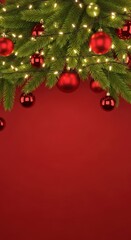 Festive christmas garland with red baubles and glowing lights on a red background.