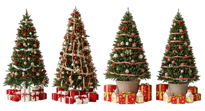 Four decorated christmas trees with presents underneath, isolated on transparent background
