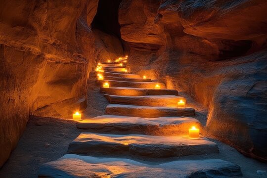 Stone staircase carved into a cave illuminated by warm glowing candles creating a mystical and serene atmosphere