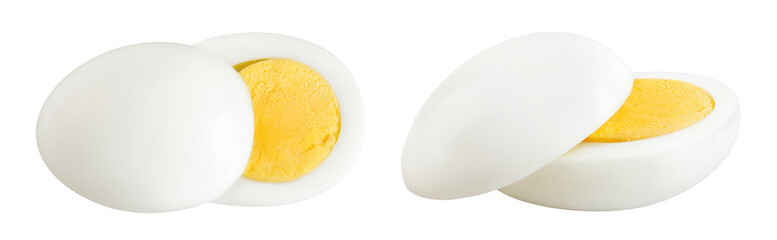 Boiled chicken egg isolated on white background. Top view. Flat lay
