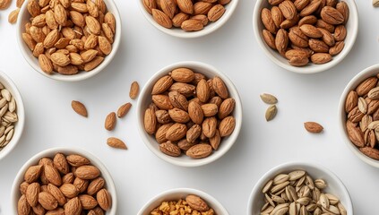 Symmetrical Arrangement of Various Almonds in White Bowls on a Clean, White Background.