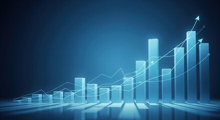 Blue 3d bar chart showing upward trend and growth with digital overlay