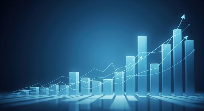 Blue 3d bar chart showing upward trend and growth with digital overlay