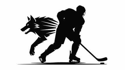 Fototapeta premium Dynamic hockey player silhouette with fierce wolf design, perfect for team branding, sports logos, and bold designs, inspiring power and determination