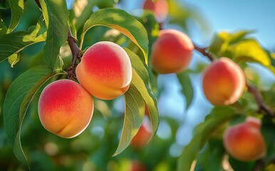 Close-up of ripe peaches hanging on a tree branch with green leaves under bright sunlight and a clear blue sky background