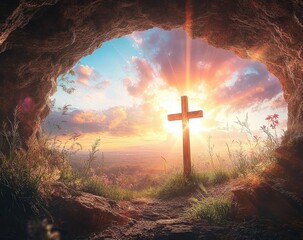 wooden cross standing on grassy hill at cave entrance during glowing sunrise with vibrant sky and flowers