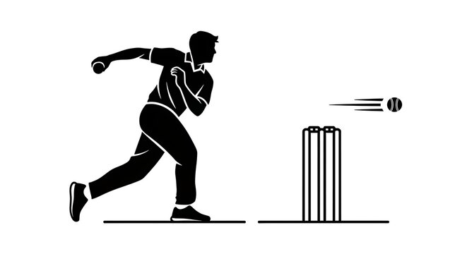 Cricket bowler throwing ball at wickets vector illustration sports game action silhouette isolated art