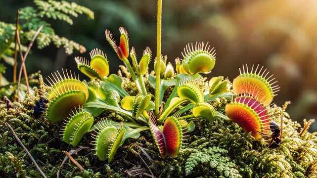 Close-up of vibrant Venus flytrap plants in natural environment.