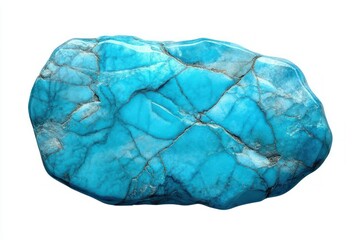 Smooth polished bright blue turquoise mineral stone with natural dark veining and texture isolated on white background