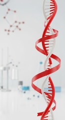 Red and white dna structure against a blurred laboratory backdrop, vertical format.