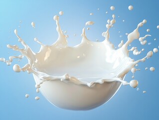 close-up of white milk splashing with dynamic droplets against a clear blue background, capturing motion and freshness