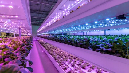 Indoor vertical farm illuminated by purple and pink grow lights with rows of fresh produce