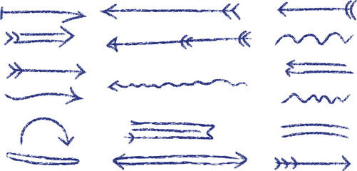 Hand-drawn blue arrows and lines doodle set with a grunge texture