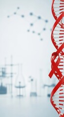 Red ribbon on dna strand with laboratory glassware. Aids awareness concept.