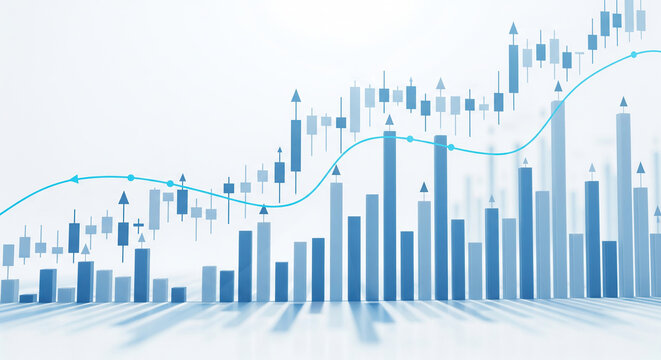 Abstract blue bar chart and candlestick graph with trend line