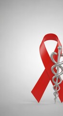 Red ribbon with caduceus symbol on white background. Aids awareness concept.