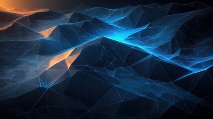 Abstract digital landscape with interconnected triangular mesh in blue and orange glowing hues creating a futuristic mountain-like terrain