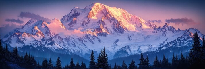 Majestic snow-covered mountain bathed in warm sunlight with pink-tinged clouds and dark evergreen forest in foreground under a serene sky