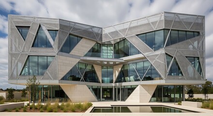 Modern Architectural Masterpiece with Geometric Facade and Reflecting Pool.