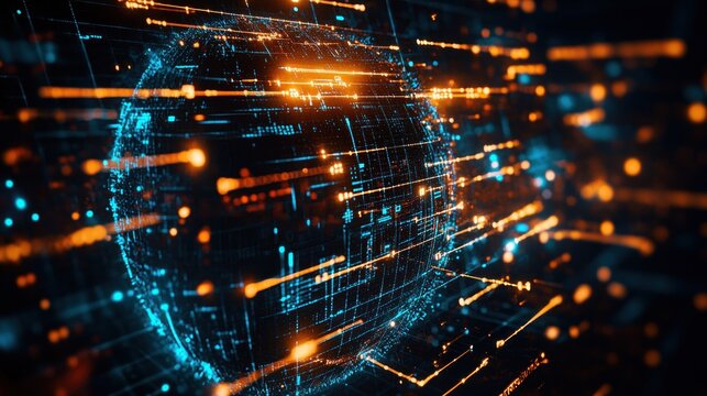 Glowing digital globe with interconnected blue and orange light lines symbolizing futuristic technology and data flow in a high-tech environment