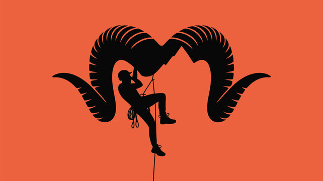 Dynamic silhouette of a climber ascending a mountain framed by majestic ram horns against a vibrant orange backdrop for motivational designs - Powered by Adobe