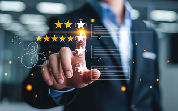 Businessman selecting a fivestar rating on a digital interface, representing excellent customer experience and high service quality