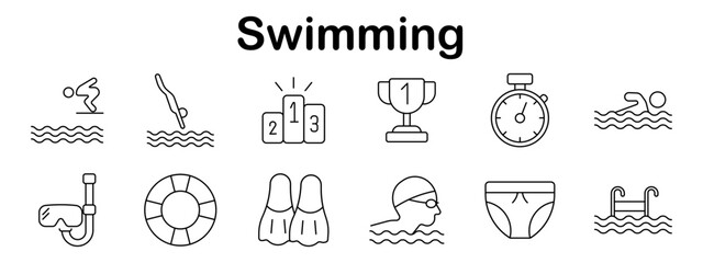 Swimming set icon. Swimmer, diving, goggles, snorkel, stopwatch, flippers, podium, trophy, swimwear, lifebuoy, ladder, water waves in minimal outline style