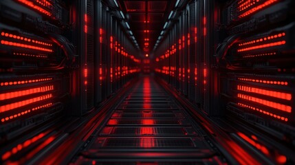 Perspective view of a dark futuristic data center corridor illuminated by rows of red LED lights on server racks creating a glowing tunnel effect