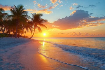 Serene tropical beach at sunset with palm trees silhouetted against a vibrant sky and calm ocean waves reflecting golden sunlight