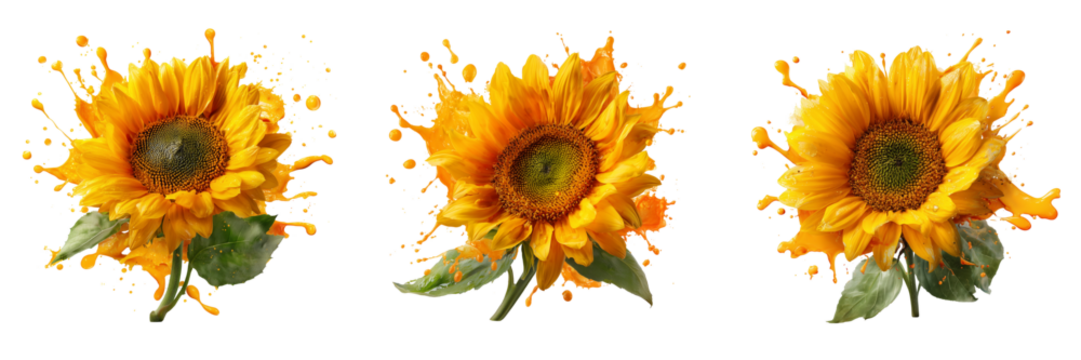 Set of Beautiful splash of sunflower oil isolated on a white background, high-speed photography, crystal clear droplets, studio lighting on transparent png background. Ai generated