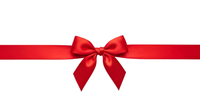 A single red satin bow tied on a red ribbon, isolated on transparent background