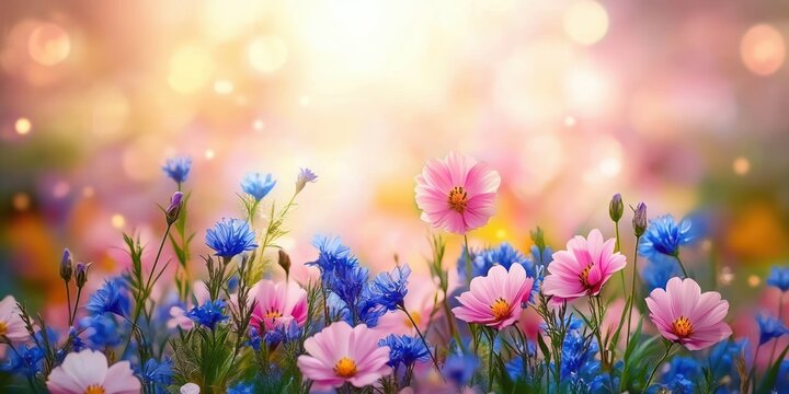 Sunlit field of delicate pink and blue wildflowers in soft focus with warm glowing bokeh background evoking a peaceful and vibrant spring morning