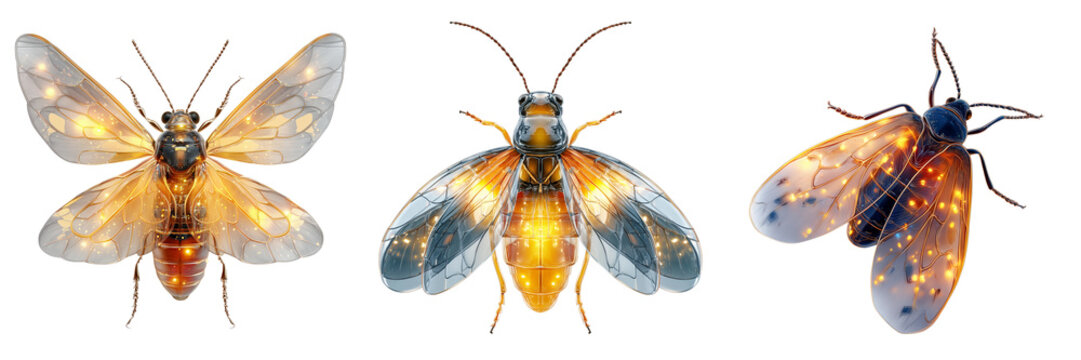 Set of Brightly colored firefly in mid-flight, glowing wings on transparent png background. Ai generated