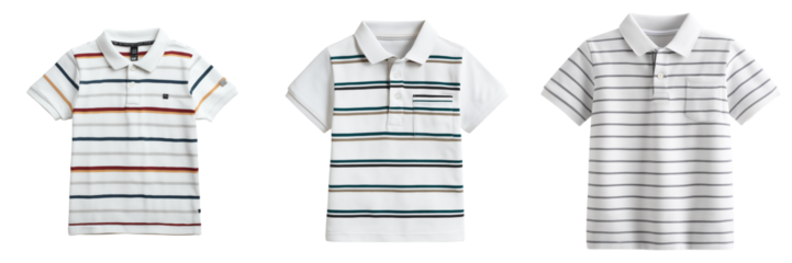Set of Conjunto de camisetas tipo polo a rayas para bebés y niños pequeños, algodón natural, colores pastel, aisladas sobre fondo blanco on transparent png background. Ai generated