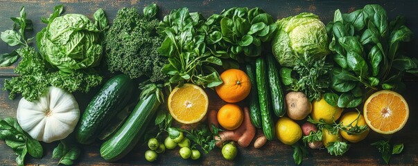 Fresh assortment of green leafy vegetables, cucumbers, oranges, lemons, tomatoes, sweet potatoes, and zucchini arranged on a rustic wooden surface with vibrant colors