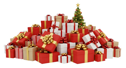 A large pile of christmas presents and a small decorated christmas tree isolated on transparent background