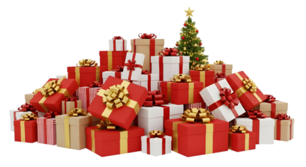 A large pile of christmas presents and a small decorated christmas tree isolated on transparent background