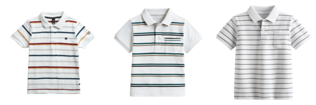 Set of Conjunto de camisetas tipo polo a rayas para bebés y niños pequeños, algodón natural, colores pastel, aisladas sobre fondo blanco on transparent png background. Ai generated