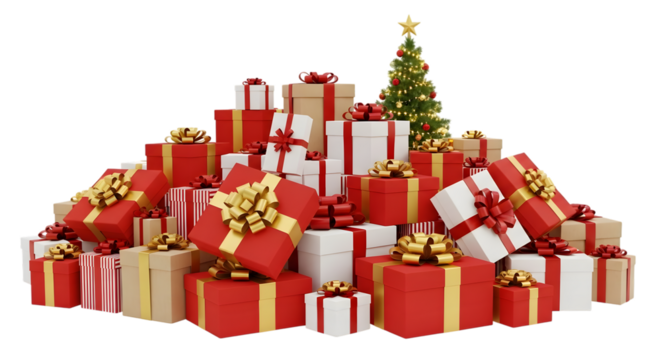 A large pile of christmas presents and a small decorated christmas tree isolated on transparent background