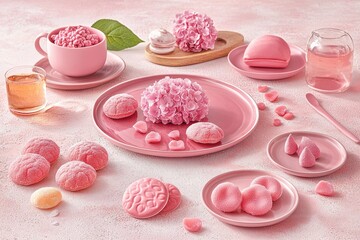 Elegant Floral Tea Party Setup with Hydrangea and Delicious Pink Treats on Table