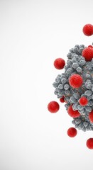 Detailed 3d render of a virus cell with red spheres on a white clinical background.