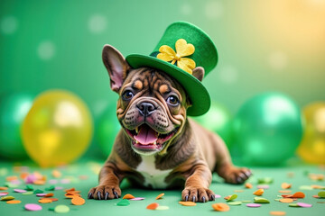 French bulldog with green hat on his head celebrates St. Patrick's Day