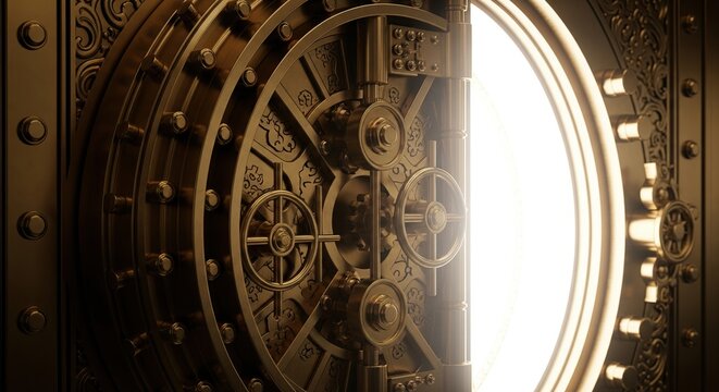 Intricate antique bank vault door partially open with bright light shining through