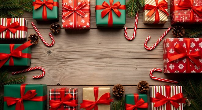 Christmas presents and candy canes arranged on a rustic wooden surface backdrop