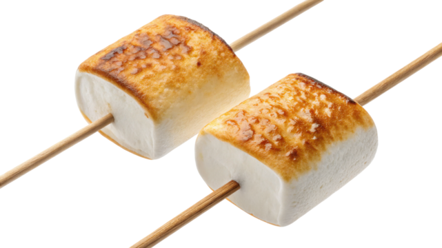 Toasted marshmallow on a stick isolated on transparent background, sweet dessert