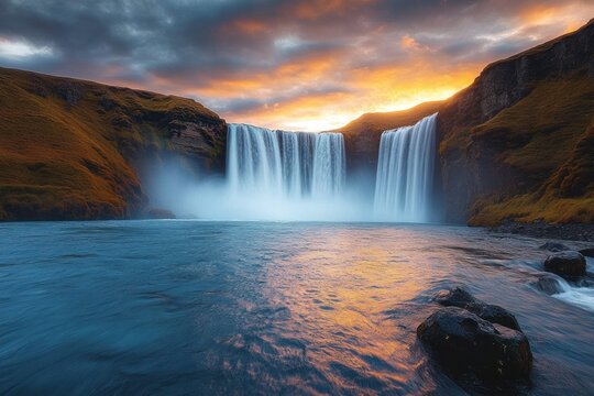 majestic waterfall cascading into a tranquil river surrounded by rocky cliffs and vibrant grassy hills during a dramatic sunset with colorful clouds