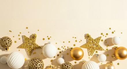 Festive christmas ornaments and golden stars on a cream colored background flat lay