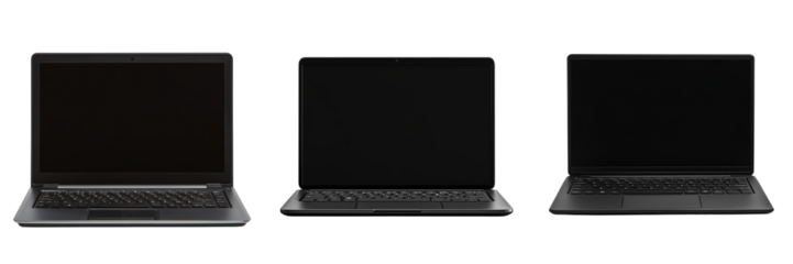 Set of Modern laptop computer open on white background, angled view, high resolution, bright and clean on transparent png background. Ai generated